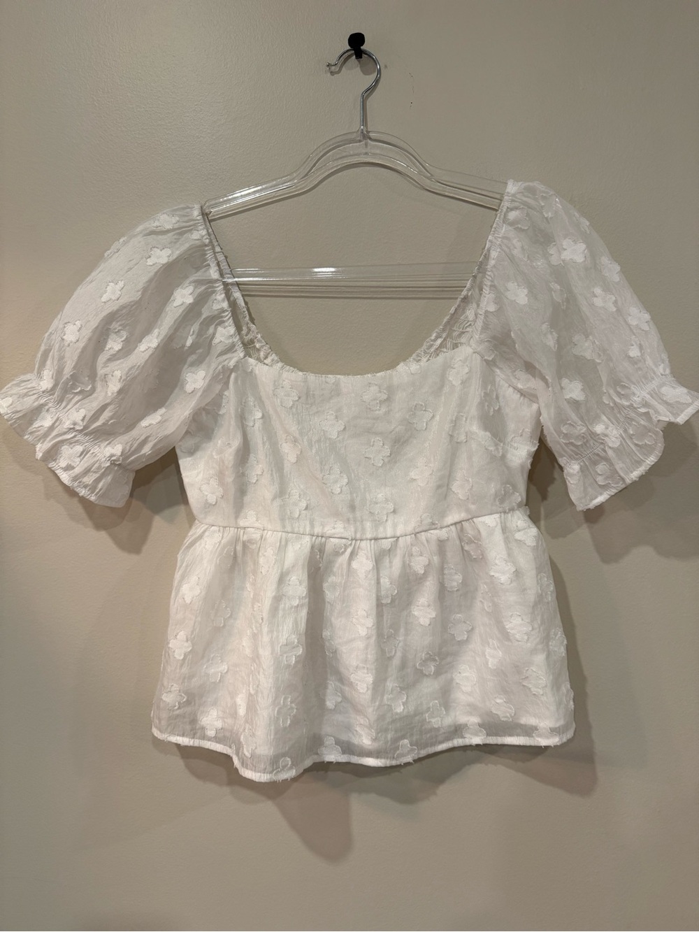 Altar'd State White Floral Textured Puff Sleeve Peplum Top